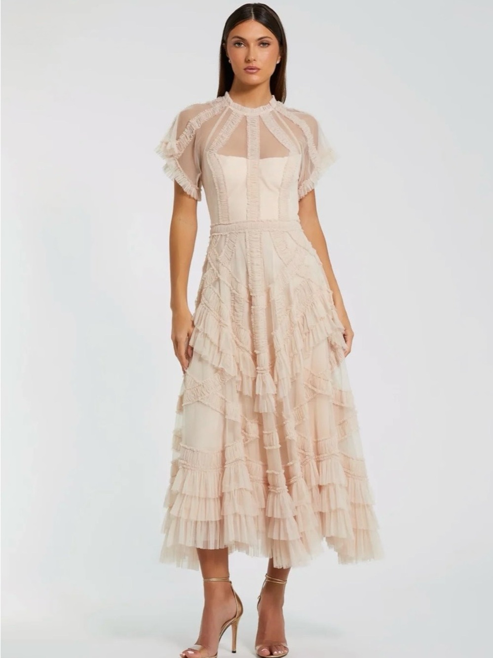 Mac Duggal Blush-Tone Ruffled Midi Dress